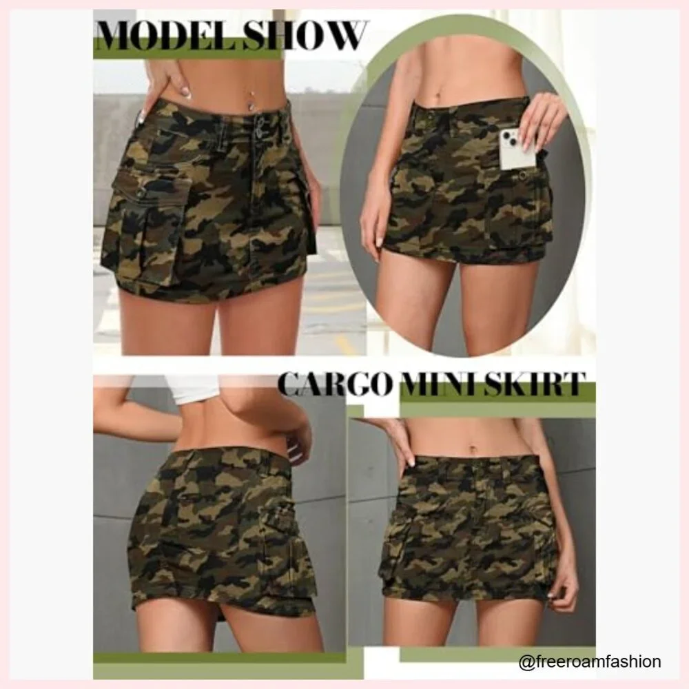 Mini Denim Cargo Skirt Low Waist Button Front Y2K Style with Pockets